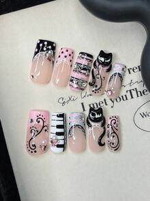 10pcs/Set Y2K Nails Handmade, Cute Nails, Pink Nails, 3D Kitten Pattern Nails & Piano Nails, Stripe Nails, Perfect For Parties & Daily Wear. Short Square Nails. Handmade Press On Nails Square, Fake Nails, Acrylic Nails, Handmade Nails, Fall Nails - Multicolor - View 1