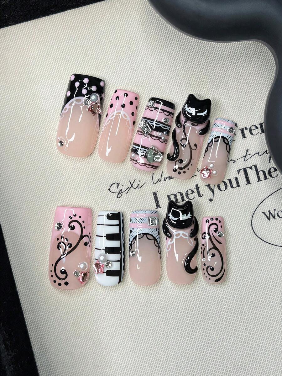 10pcs/Set Y2K Nails Handmade, Cute Nails, Pink Nails, 3D Kitten Pattern Nails & Piano Nails, Stripe Nails, Perfect For Parties & Daily Wear. Short Square Nails. Handmade Press On Nails Square, Fake Nails, Acrylic Nails, Handmade Nails, Fall Nails - Multicolor - View 1