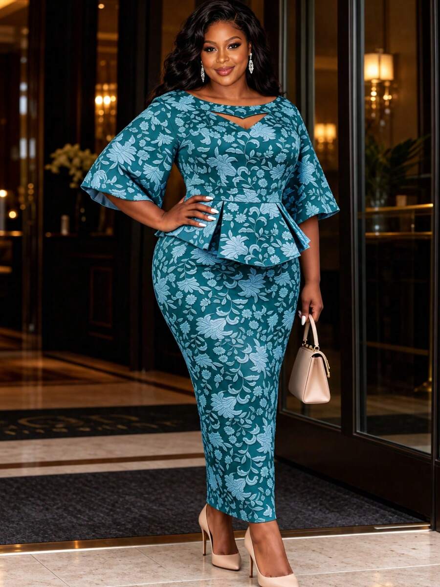 Women's Plus Size Elegant Green Jacquard Long Fitted Hollow-Out Ruffle Dress Fall Wedding Party