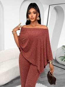 Women's Burgundy Ribbed Asymmetric Collar 2 Pieces Set, Casual Sexy Autumn Outfit, Medium Stretch - Reddish-brown - View 4
