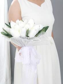 White Pearl Tulip Bridal Bouquet(8.66inch)With Pearl Decoration, Lace Bow Artificial Flower For Wedding Party Prom Gift - Multicolor - View 4