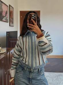 Joy Knit Women's Sweater Autumn/Winter Fashion New Style - All-Match Tops - Minimalist Casual Fashion Versatile - Large Lapel Vertical Stripe Double-Sided Zipper Sweet Loose Knit Cardigan Sweater Jacket - Blue - View 1