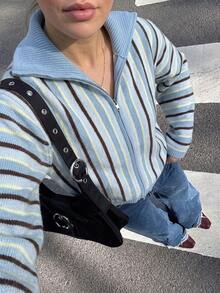 Joy Knit Women's Sweater Autumn/Winter Fashion New Style - All-Match Tops - Minimalist Casual Fashion Versatile - Large Lapel Vertical Stripe Double-Sided Zipper Sweet Loose Knit Cardigan Sweater Jacket - Blue - View 2