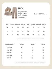 Gongdie Universal 2pcs Bob Tim Women's Fleece Pajama Set, Winter Brown Fair Isle Pattern Thick Plush Loungewear - Brown - View 8