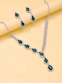 outingfit 1 Set Emerald Green Water Drop Jewelry 2 Pieces Set Gift Accessories Fashion Multi-Color Full Rhinestone Earrings & Necklace Set - Silver - View 5