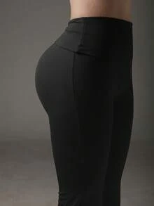 Y2K Fold-Over Waist Tummy Control Butt-Lifting Flare Pants, Black Slimming Long Pants For Autumn/Winter, Casual Versatile, Outdoor Fitness, Party Wear - Black - View 8