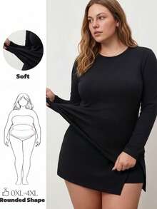 SUPEKYKO Plus Size Solid Color Drop Shoulder Crew Neck T-Shirt, Soft Everyday Essential For Autumn, Suitable For Casual Wear. - Black - View 1