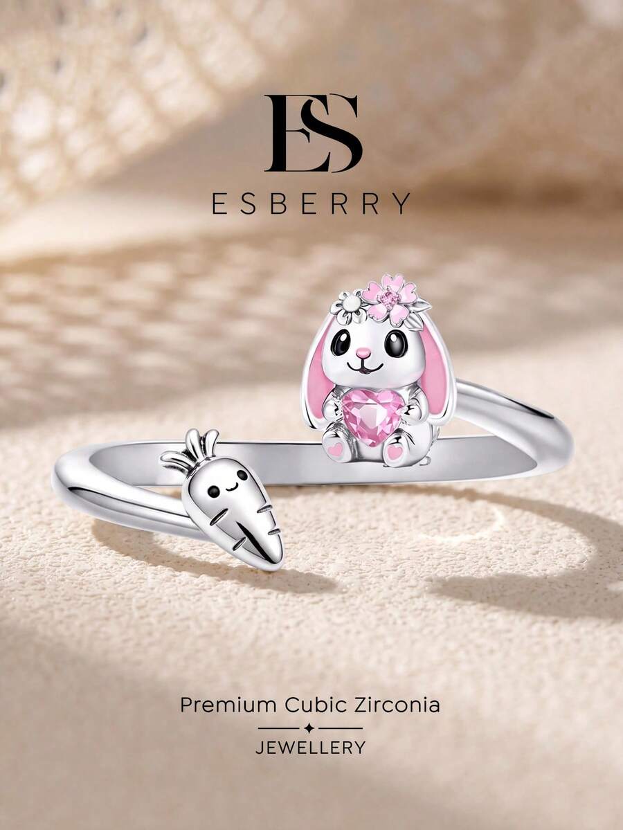 1pc Cute Rabbit & Carrot Open Ring, Suitable For Women's Daily Wear, Party, Exquisite Jewelry Gift Or Birthday Gift - Cute Bunny Carrot Ring - View 1