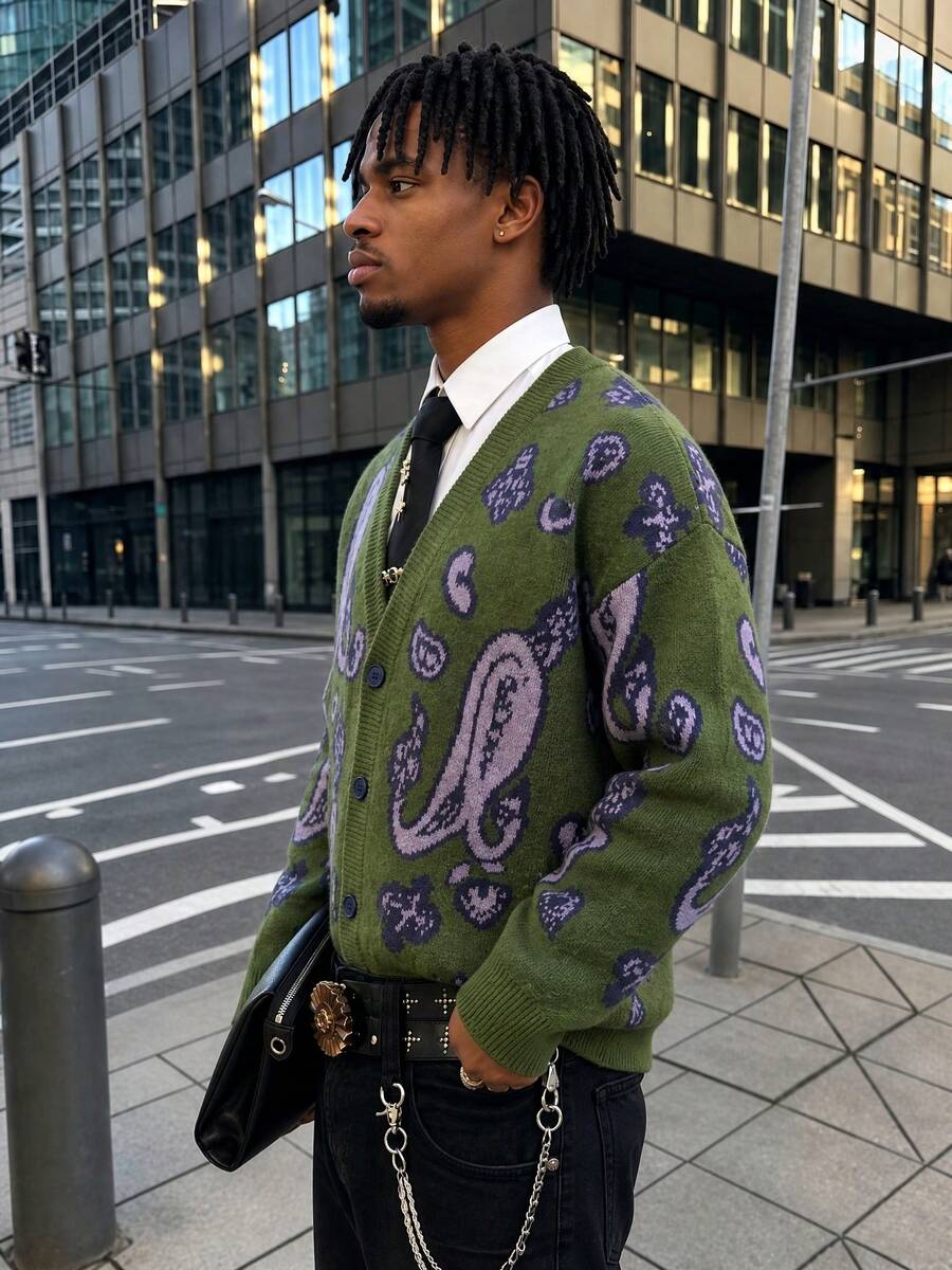 ANDREILEE Men's Streetwear College Style Fashion Casual Color Block Striped Fuzzy Distressed Crew Neck Long Sleeve Loose Knit Sweater Autumn/Winter - Dark Green - View 1