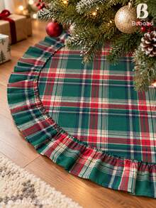 Plaid Christmas Tree Skirt, Green And Red Plaid Christmas Tree Base Cover With Ruffle Trim And Lace Bow, Rustic Farmhouse Style Holiday Christmas Decor, Suitable For Living Room - Green - View 7