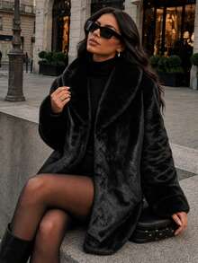 Women's Mid-Length Fashion Jacket Coat, Solid Color Faux Fur, Zipper Closure, Casual Vacation Daily Winter - Black - View 1