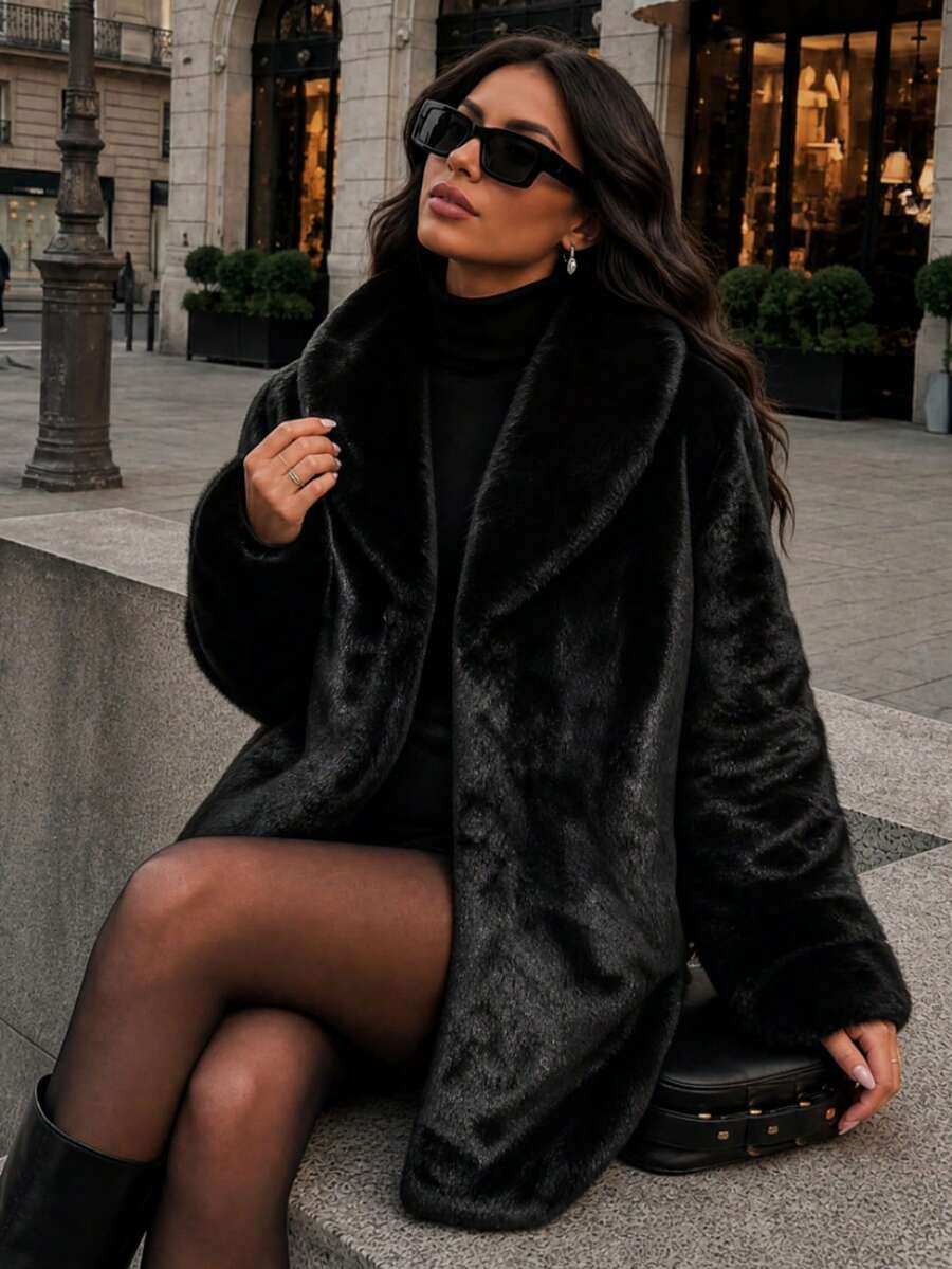 Women's Mid-Length Fashion Jacket Coat, Solid Color Faux Fur, Zipper Closure, Casual Vacation Daily Winter - Black - View 1