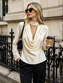 Blus Kantor Elegan Bergaya Prancis Warna Polos dengan Model Drape - Sampanye - View 3