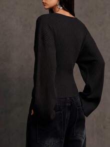 Women's Solid Color Knit Ribbed Flare Sleeve Deep V-Neck Top, Casual Autumn Winter Spring - Black - View 2