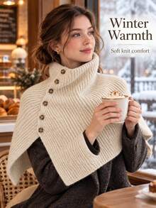 Stylish High-Neck Knitted Wrap Shawl Featuring An Asymmetrical Cut And Side Button Detailing; Warm, Comfortable, And Versatile For Stylish Layering Across All Seasons. - Multicolor - View 7