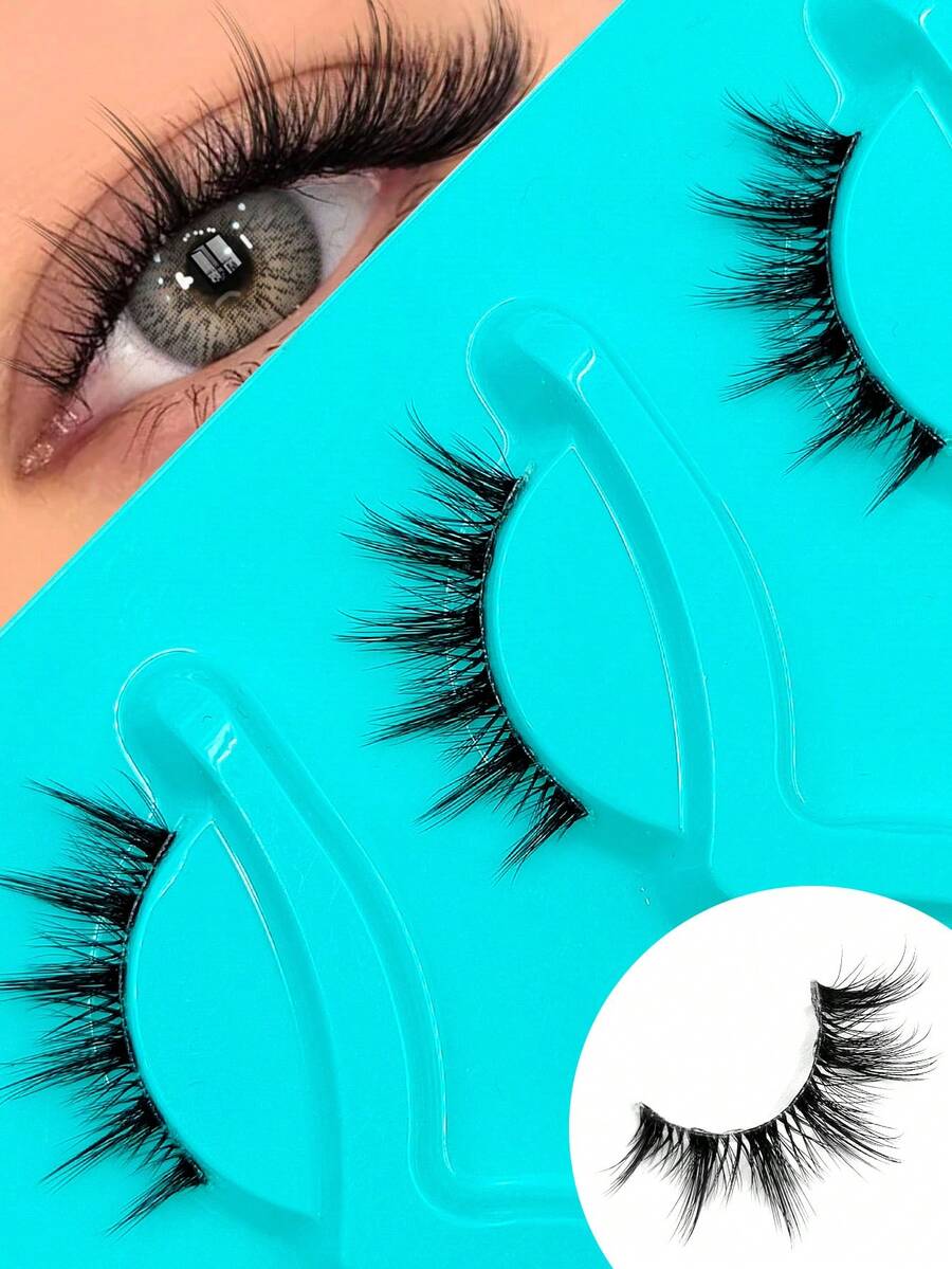 3 Pairs Pointed Tip Eyelash Extension, Transparent Band Delicate Fox Eye Lashes, Cat Eye Lashes, Criss-Cross False Eyelashes, Short Lash Extension, Classic Fairy Lashes - Black - View 1
