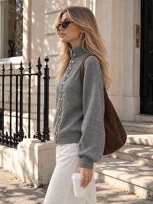 Women's Ribbed Hem Knitted Sweater With Double Zipper & Button Details, Drop Shoulder Stand Collar Long Sleeve Top For Fall & Winter Daily Wear - Dark Grey - View 4