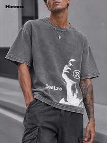 Hemo Men's Portrait Print Crew Neck Short Sleeve Casual T-Shirt - Grey - View 1