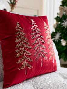 1件裝聖誕紅色聖誕樹刺繡枕套，適合室內裝飾、聖誕裝飾，四季通用，不含枕芯 - 紅色 - 查看 6