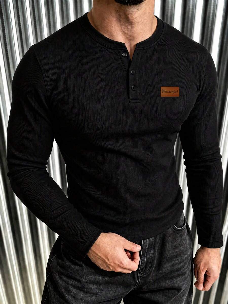 New Men's Casual Classic Ribbed Texture Versatile Long Sleeve T-Shirt - Black - View 1
