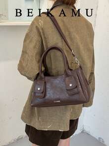 Women's Vintage Faux Leather Handbag, Dual Pocket Rivet Decor Shoulder Bag, Detachable Strap Crossbody Tote Small Bag - Coffee - View 3