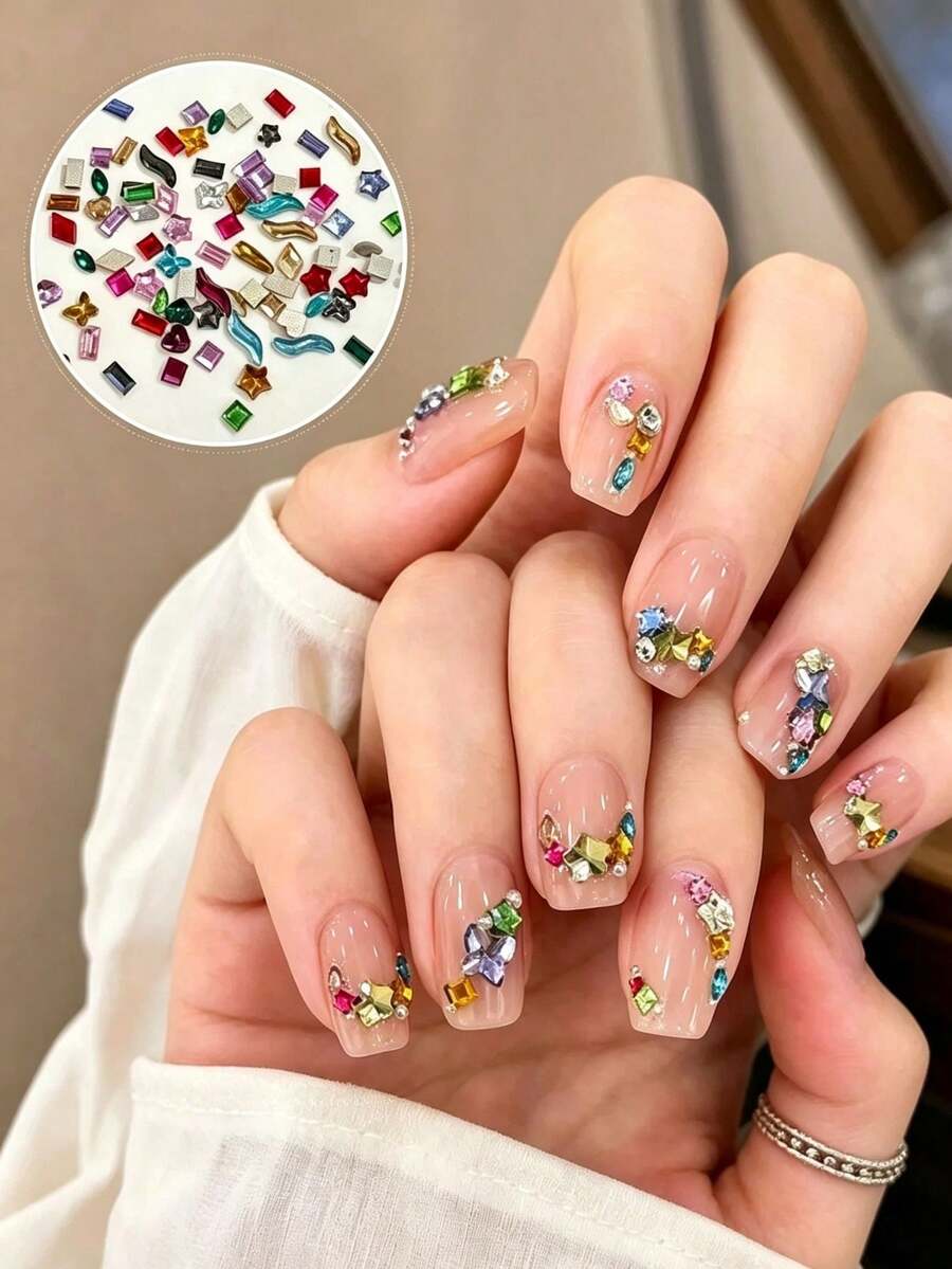 50/100pcs Fall, Autumn, Fall Nails New Colorful Irregular Nail Rhinestones, Mixed Shapes Colorful Gemstones For DIY Nail Art Decoration, Easily Create Autumn Atmosphere Nails - Multicolor - View 1