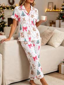 2pcs/Set Christmas Women's Pajama Set, Santa Claus Christmas Tree Cartoon Bear Print Pattern, 2-Piece Women's Short Sleeve Pajama Set, Lapel Short Sleeve Cardigan And Long Pants Set, Suitable For All Seasons, Home Wear, Comfortable And Loose - White - View 8