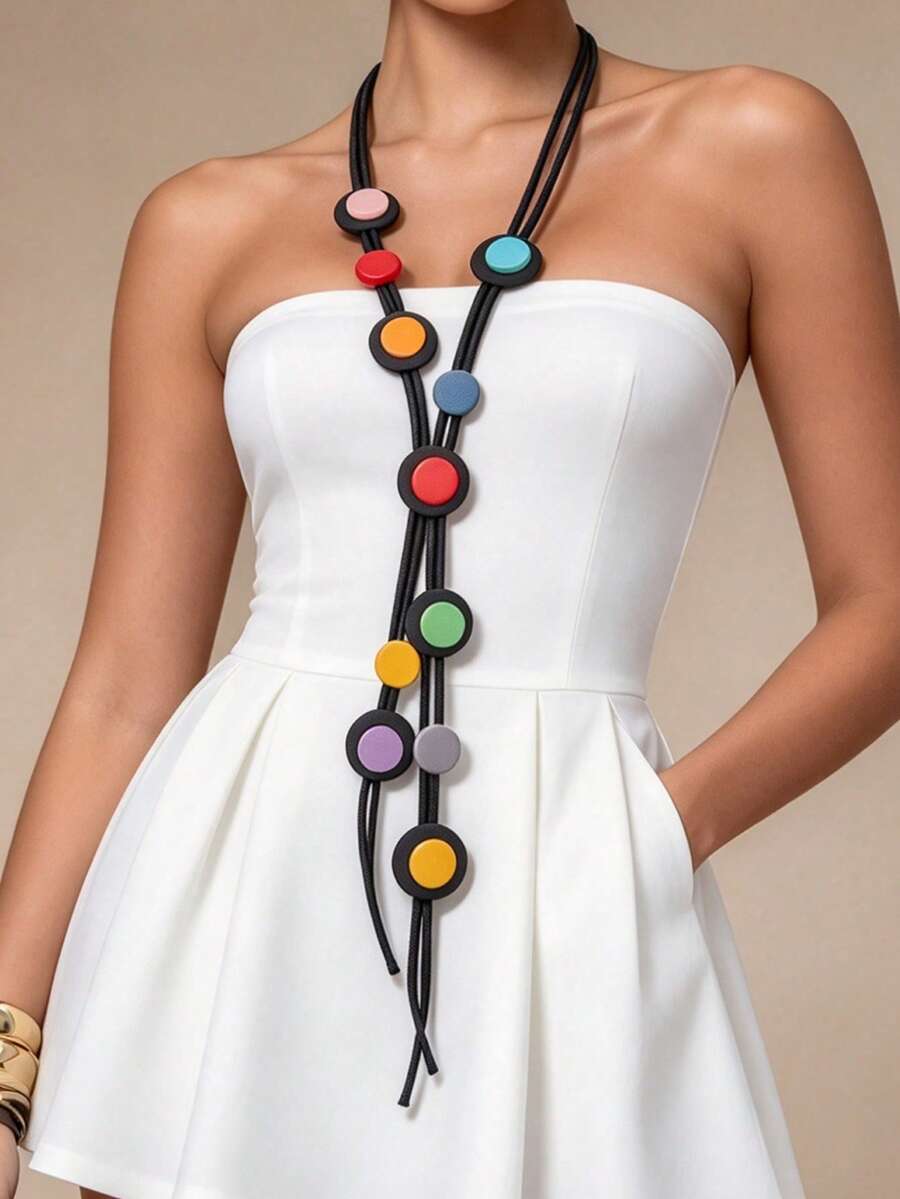 MARLIWOO 1pc Vintage Long Colorful Draped Party Necklace, Fashionable Elegant Autumn Jewelry - Multicolor - View 1