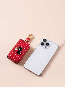 Cute Polka‑Dot Black Cat Print Car Key Case,Glossy PU Leather Zipper Key Holder Pouch With Hook,Portable Mini Key Wallet,Organizer Bag, Gift For Girls - Multicolor - View 8