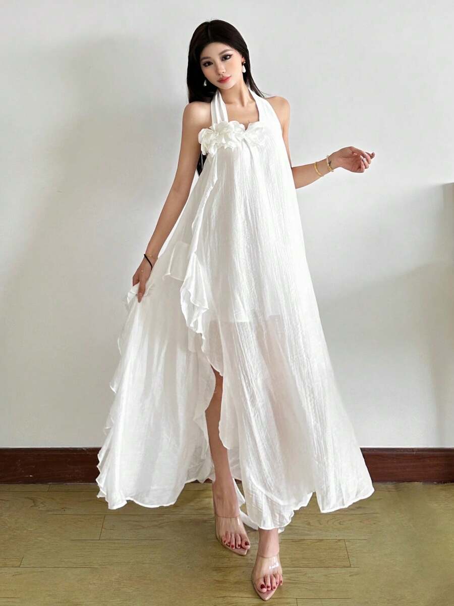 Dazzle Top Fitted 3D Floral Beach Vacation Dress For Women - White - View 1