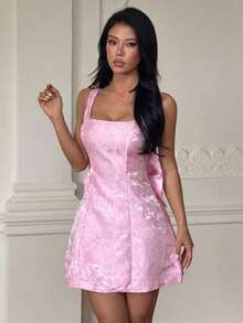 Summer Pink Elegant Dress Fashion Square Neck Back Bow A-Line Strap Dress, Suitable For Dating, Graduation Season, Party - Pink - View 8