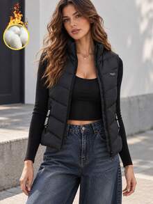 Women's Black Thermal-Lined Quilted , Stand Collar Sleeveless Zip-Up Design With Zipper Pockets For Layering - Black - View 5