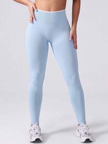 Women's Shaping Leggings, Contrast Trim, Waist Sculpting & Butt Lift, Suitable For Yoga, Gym - Baby Blue - View 2