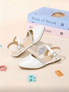 1 Pair Beige Girls' Rhinestone Thin Strap Decor PU Material Pointed Toe Closed Toe One-Strap Backless Flat Sandals, Gentle Minimalist Style, Suitable For Summer Outings, Birthday Parties, 2026 New Arrival - White - View 1