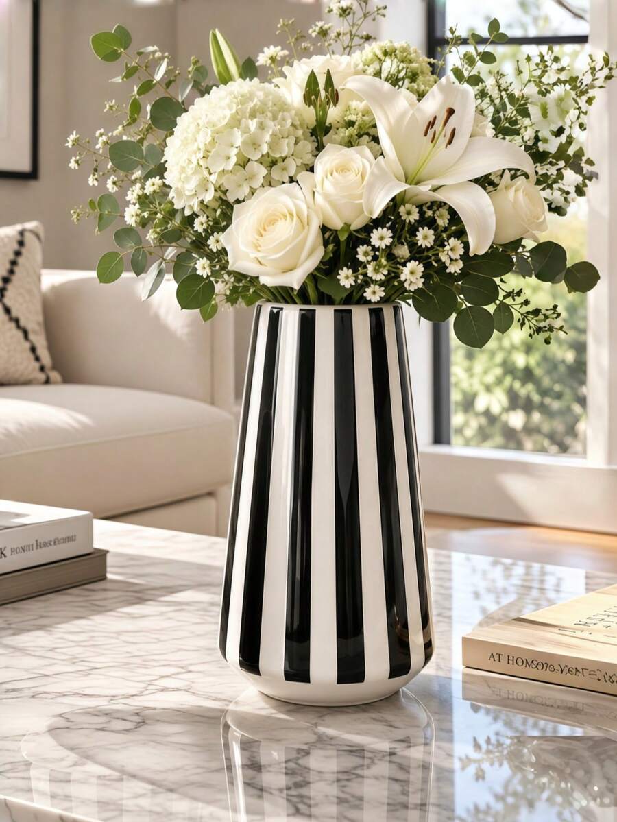 1pc Modern Conical Striped Vase Set, Geometric Textured Decorative Flower Container, Tabletop Ornament For Living Room Entryway Home Decor - Cylinder Stripes - View 1