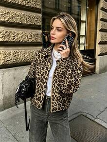 Women's Khaki Leopard Print Short Regular Fit Woven Jacket, Lapel Long Sleeve Zipper Short Top, Vintage Stylish Outerwear, Suitable For Autumn/Winter Daily, Street Style, Commuting, Weekend Outings - Multicolor - View 4