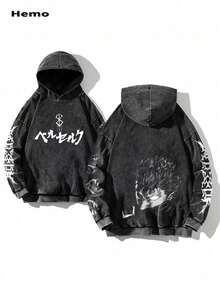 Hemo Men's Winter Streetwear Graphic Hoodie Sweatshirt, Slightly Elastic Slim Fit Washed Distressed Thermal Lined Cotton Blend Black Pullover Long Sleeve Hoodie, Casual Everyday Hooded Top - Black - View 2