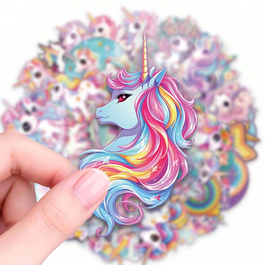 56pcs Rainbow Unicorn Doodle PET Stickers, Diverse Designs, Enhance Thinking And Creative Action Ability, Art Supplies, Children Sticker Toys - Multicolor - View 1
