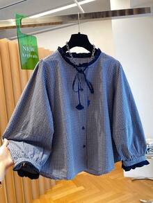 Women's Autumn Plaid Button-Down Street Fashion Shirt For Outings - Blue - View 4