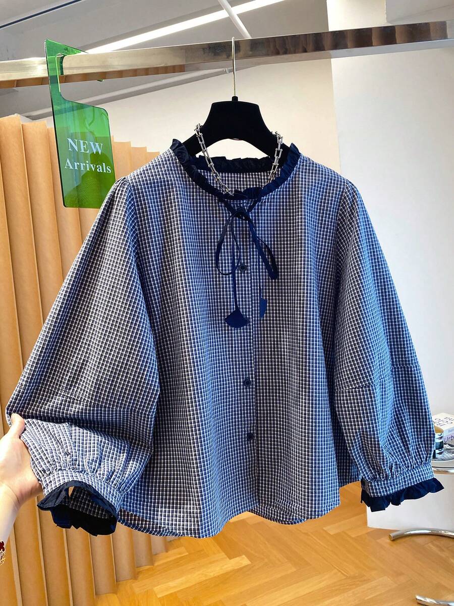Women's Autumn Plaid Button-Down Street Fashion Shirt For Outings - Blue - View 1