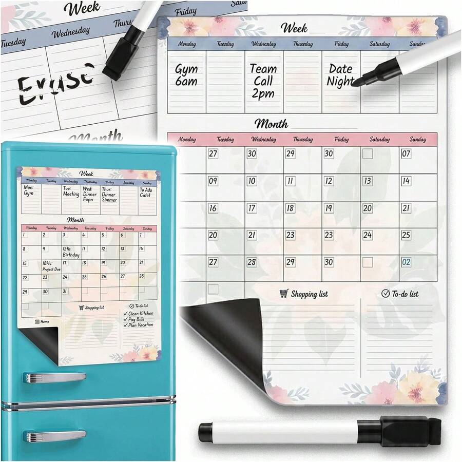 Magnetic Dry Erase Planner 60 * 45 Cm, Weekly And Monthly Refrigerator Calendar With Shopping List Notes And Task Sections, Reusable Fridge Organizer With Magnetic Backing And Erasable Marker For Home Kitchen And Office Planning - one-size - View 1