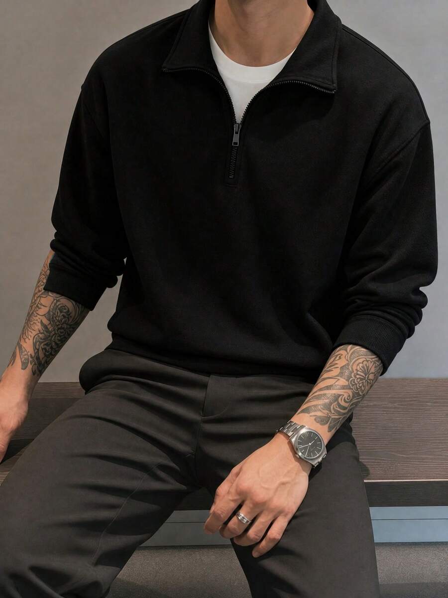 男士秋冬休閒百搭日常通勤拼接寬鬆落肩拉鍊 Polo 衫 - 黑色 - 查看 1
