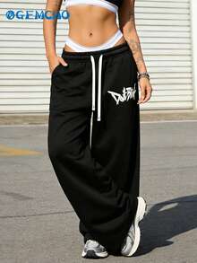 GEMCHO Women's Drawstring Waist Loose Wide Leg Casual Sports Pants, With Pockets, Knit Fabric Slightly Elastic, Black, Autumn Sports Style - Black - View 3