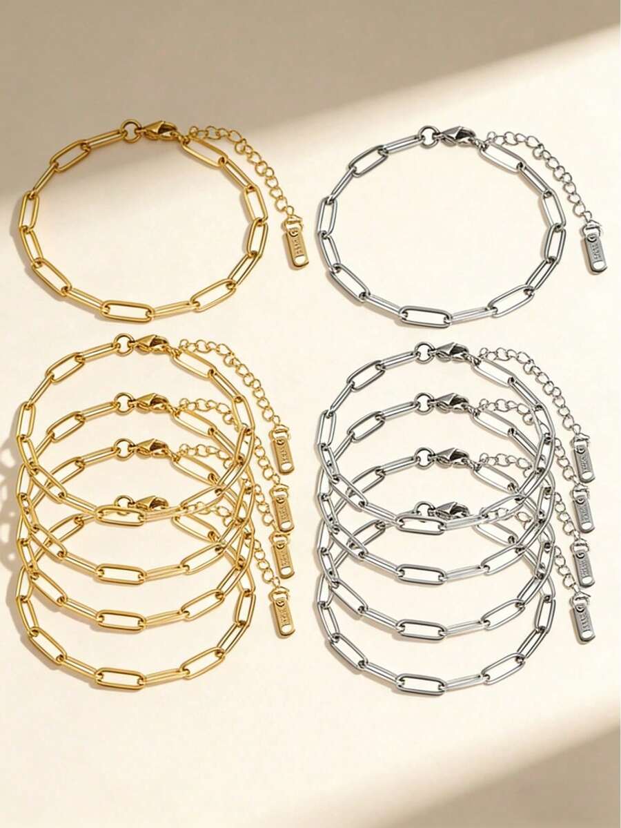 1/5/10pcs 304 Stainless Steel Adjustable Lobster Clasp Pendant Bracelet Set, Suitable For DIY Jewelry Making, Gold + Silver - Adjustable Bracelet - View 1