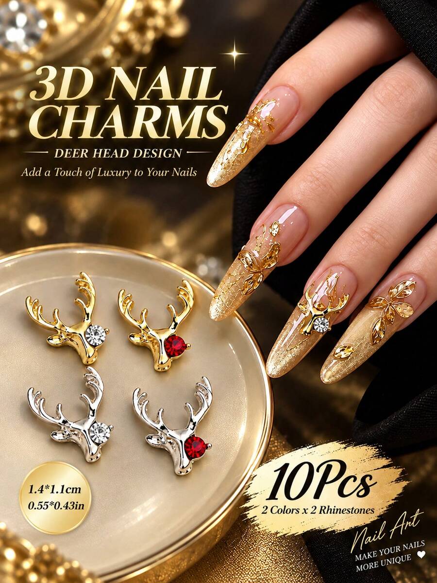 10Pcs 3D Deer Head Nail Charms Gold Silver Alloy Elk Nail Rhinestones Metal Crystal Nail Art Decorations DIY Manicure Accessories - Multicolor - View 1