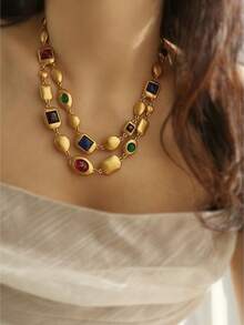 European And American Niche Vintage Colorful Double-Layer Matte Necklace, Luxury High-End Vintage Layered Collarbone Chain - Gold - View 3
