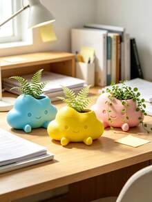 3D Printed Cute Cloud Character Planter, Soft Smiling Face With Small Feet Design, Suitable For Succulents, Prayer Beads And Other Green Plants. Multiple Macaron Color Options, Healing Desktop Flower Pot, Fun Potted Plant Decoration For Windowsill And Office - Multicolor - View 9