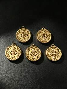 5/10pcs European & American Style Evil Eye Round Pendant, 18K Gold Stainless Steel Distressed Gold Star Embossed Coin, DIY Necklace Earring Jewelry Accessories - Yellow Gold - View 4