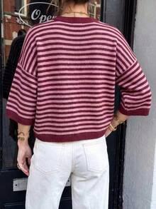 Women's New Autumn Contrast Color Striped Knit Top, Casual Daily Commute College Style - Maroon and Pink - View 8