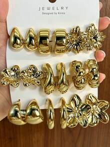 6/18pcs Fashion Elegant Floral Geometric Multi-Color Gold Metal Earrings Set, Women's Fashion Earring Set, Gift For Women - Gold - View 9